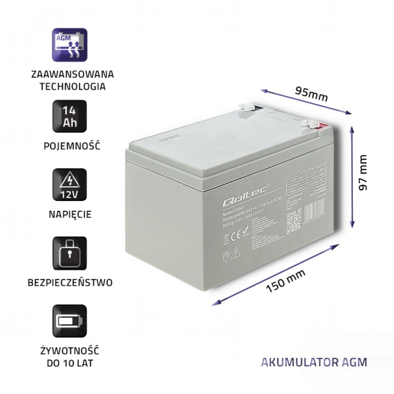 Akumulator Qoltec AGM 12V 14Ah HQ - niezawodne źródło energii na lata